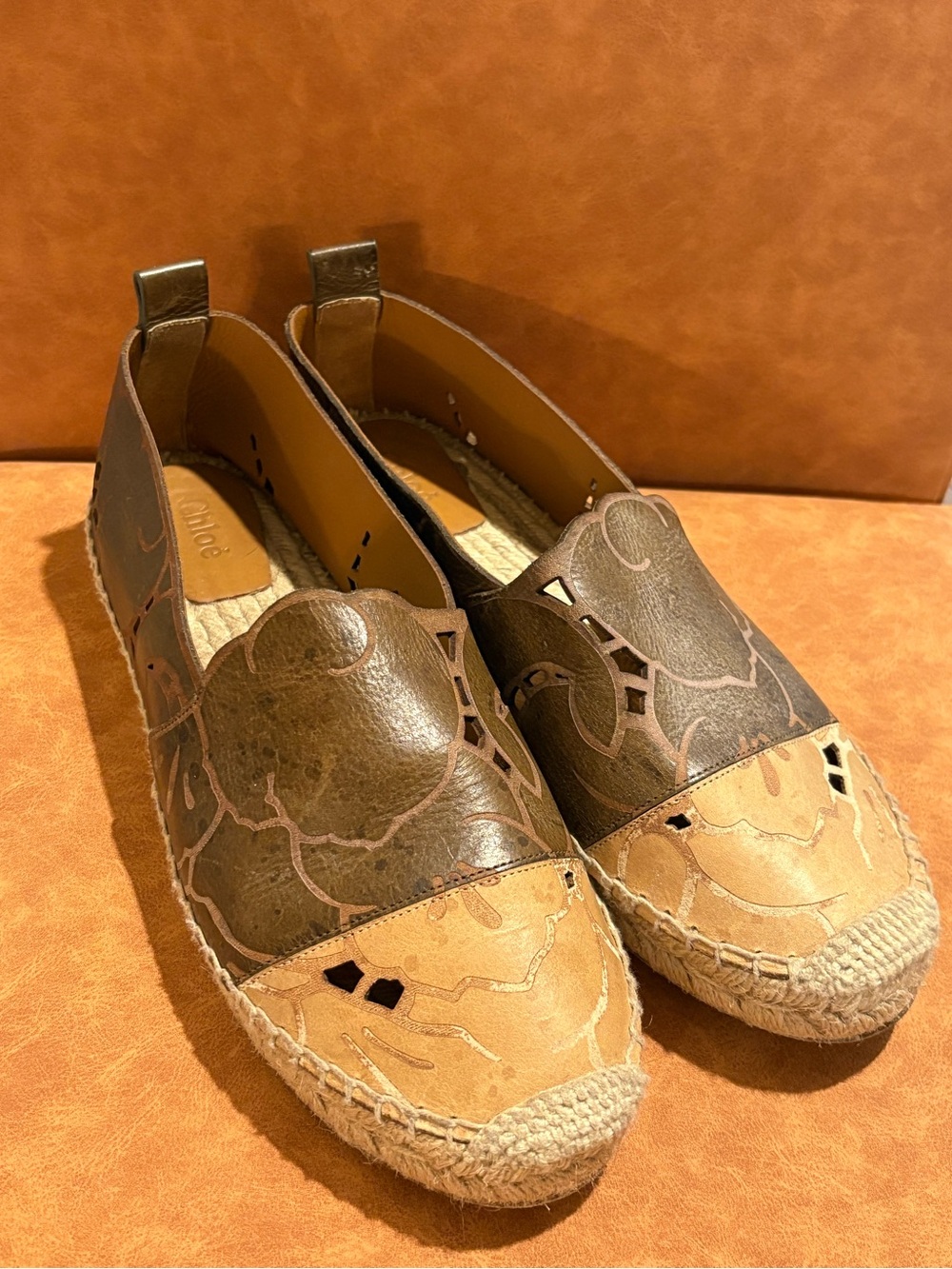 Chloé Brown Leather Floral Cutout Espadrille Flats Slip-On Shoes